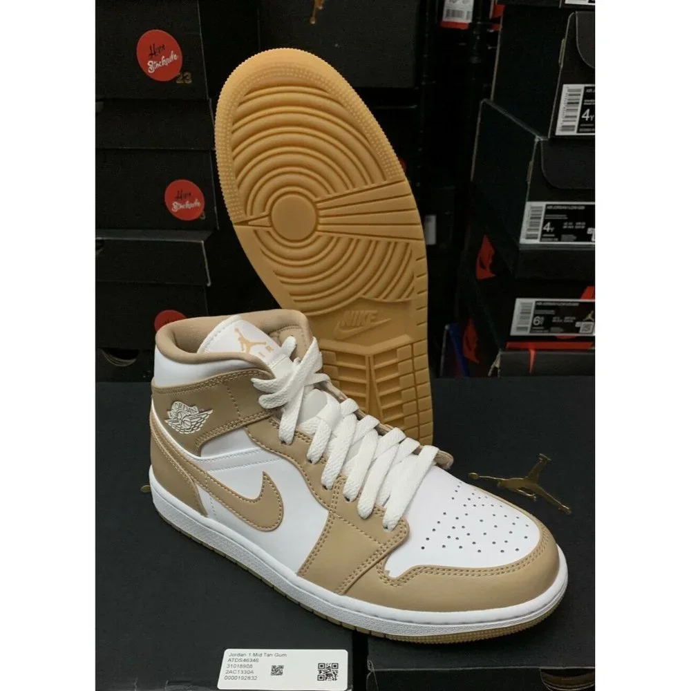 Nike Air Jordan 1 Mid Hemp Tan Gum Beige White Shoes 554724-271 Men's Size 14 - Picture 1 of 5